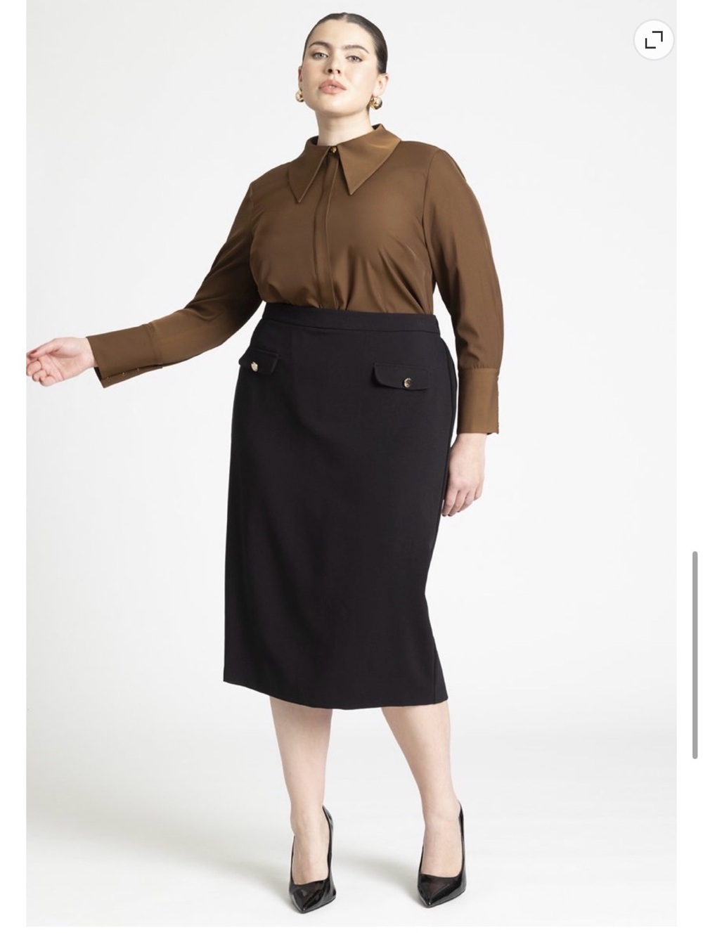 Eloquii Black Midi Pencil Skirt with Flap Pocket Detail